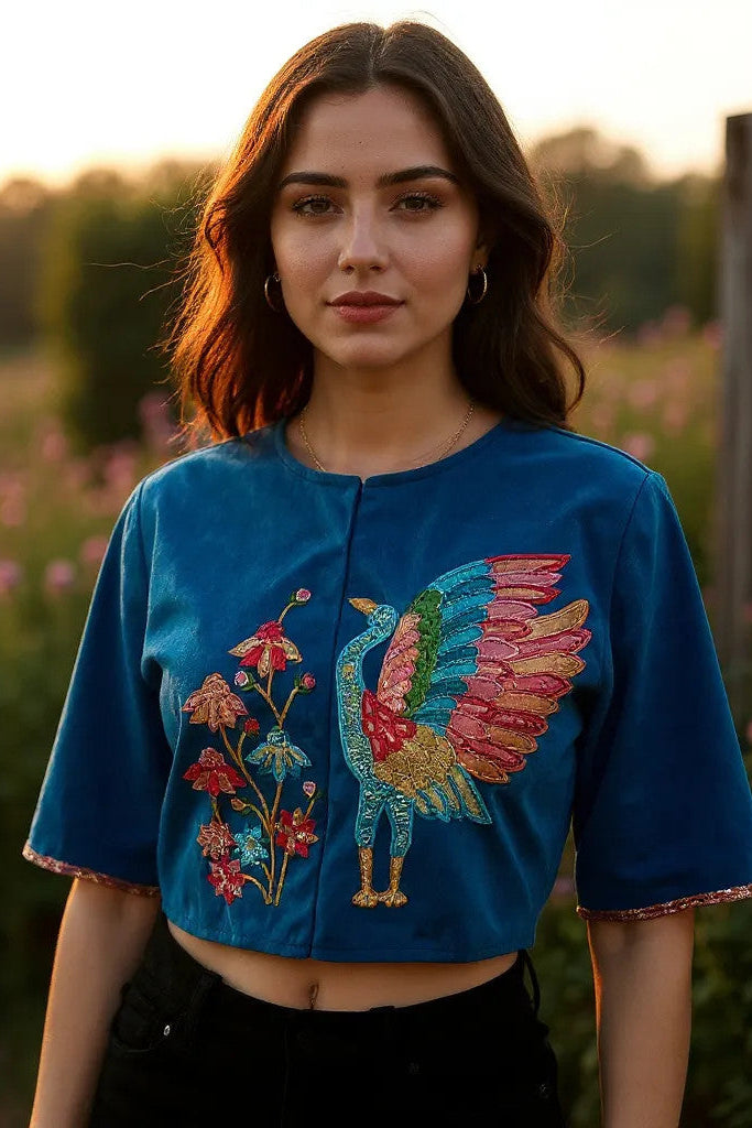 Peacock Garden Embroidered Crop Jacket