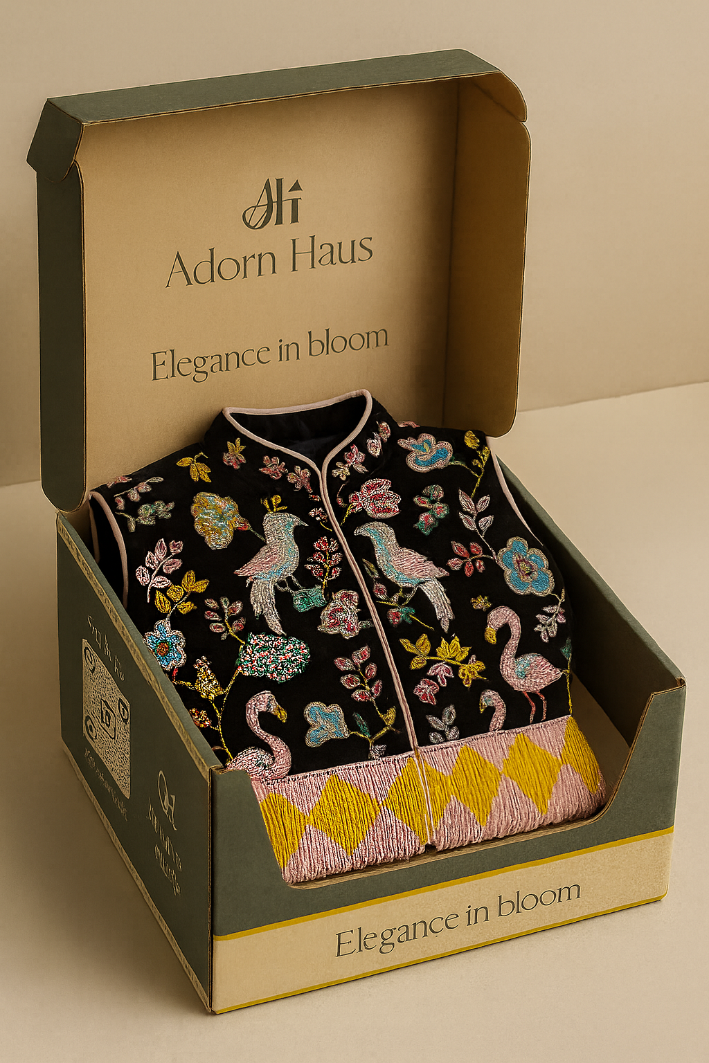 Embroidered garment in a box with 'Adorn Haus' branding on a beige background