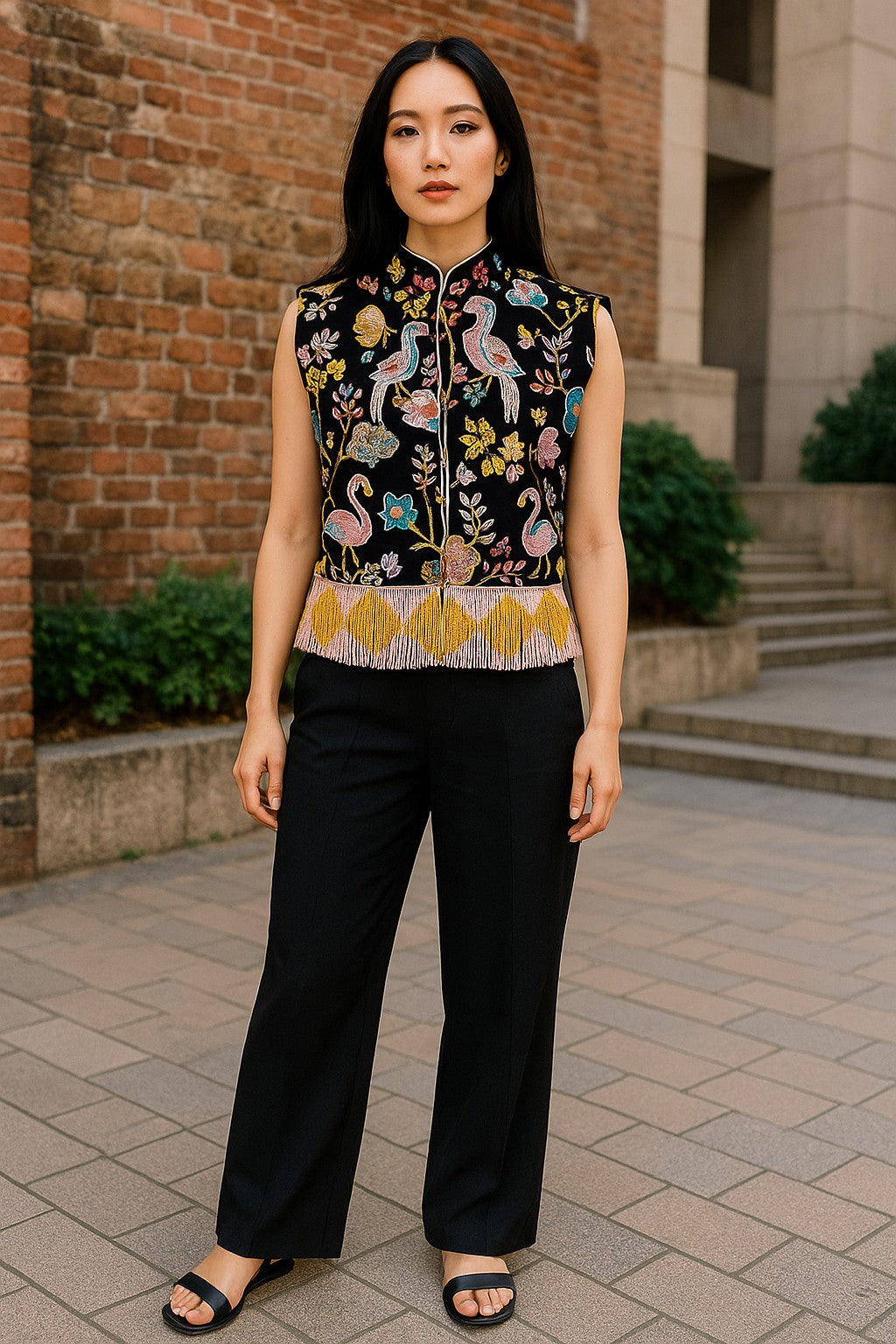 Black Flamingo Embroidered Vest
