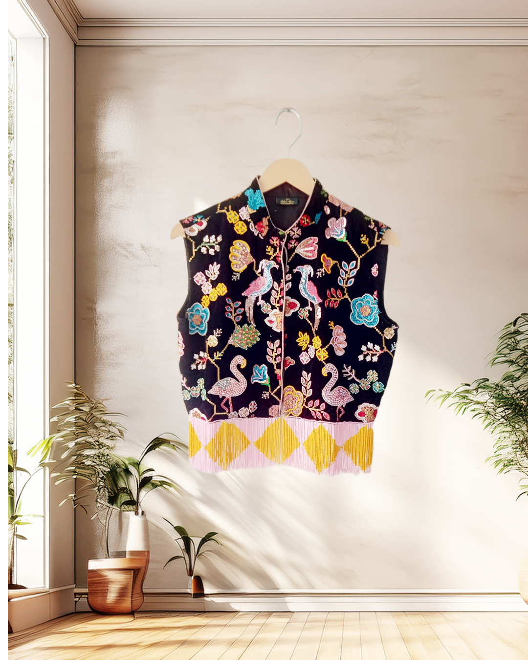 Black Flamingo Embroidered Vest