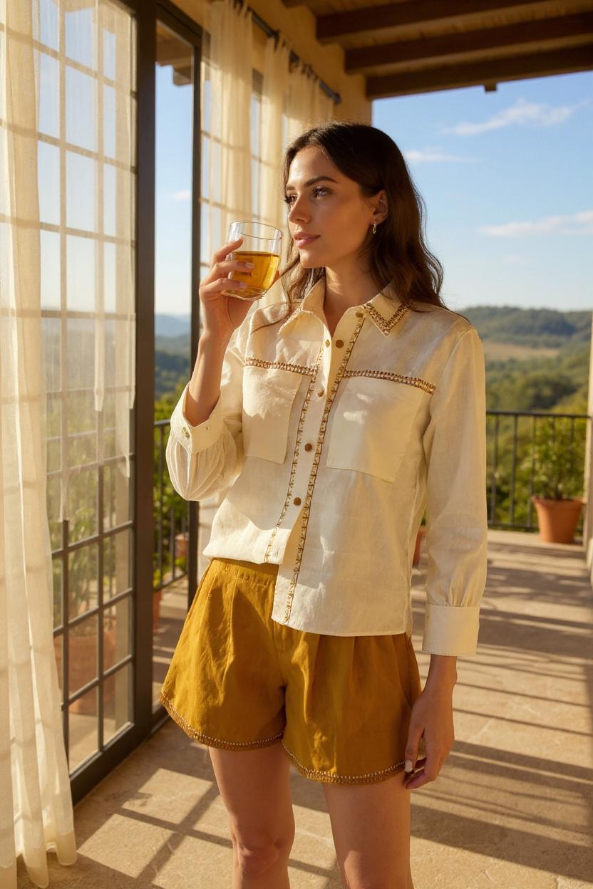 Ivory Linen Shirt with Mustard Shorts