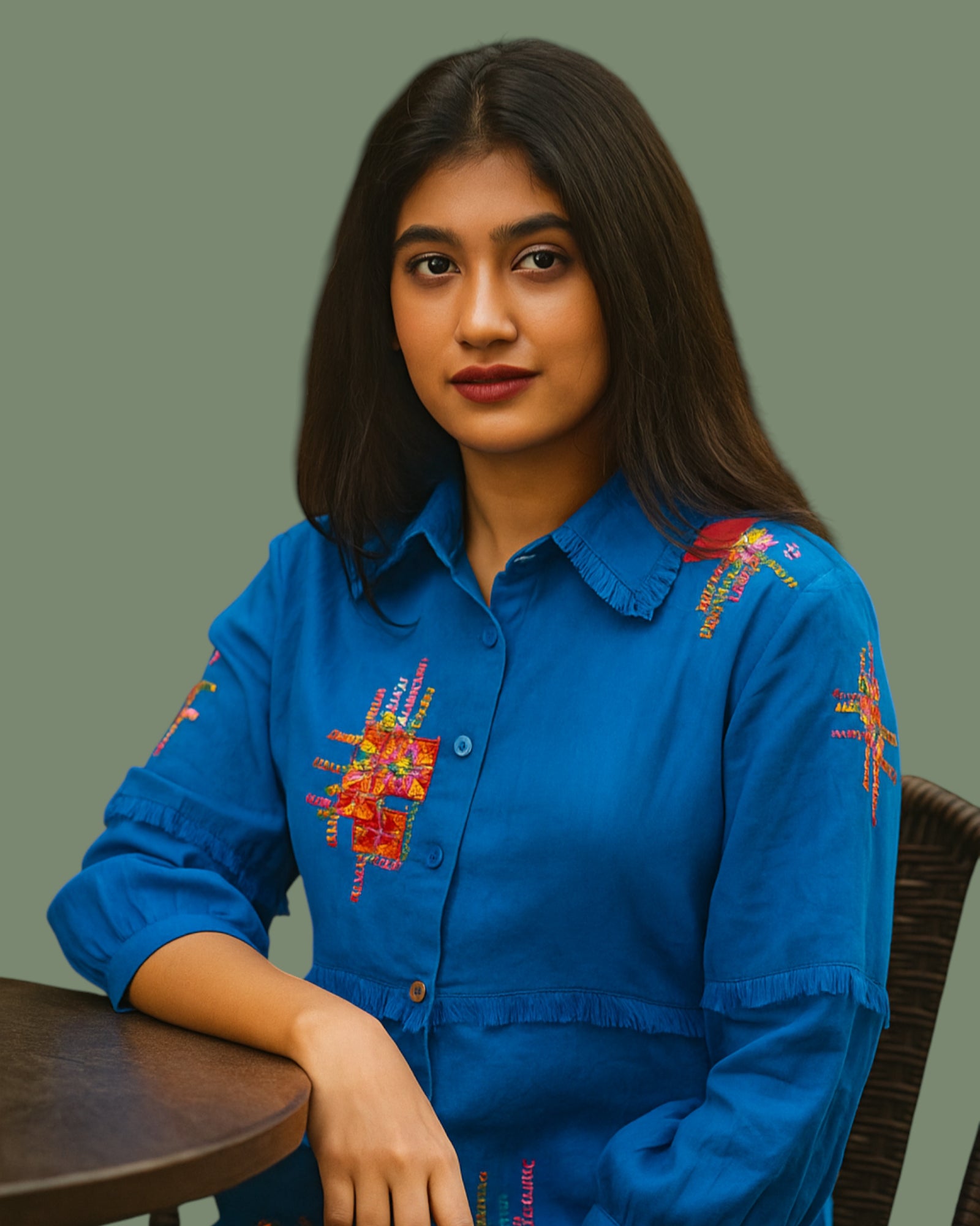 Woman wearing a blue embroidered shirt sitting at a table with a plain background