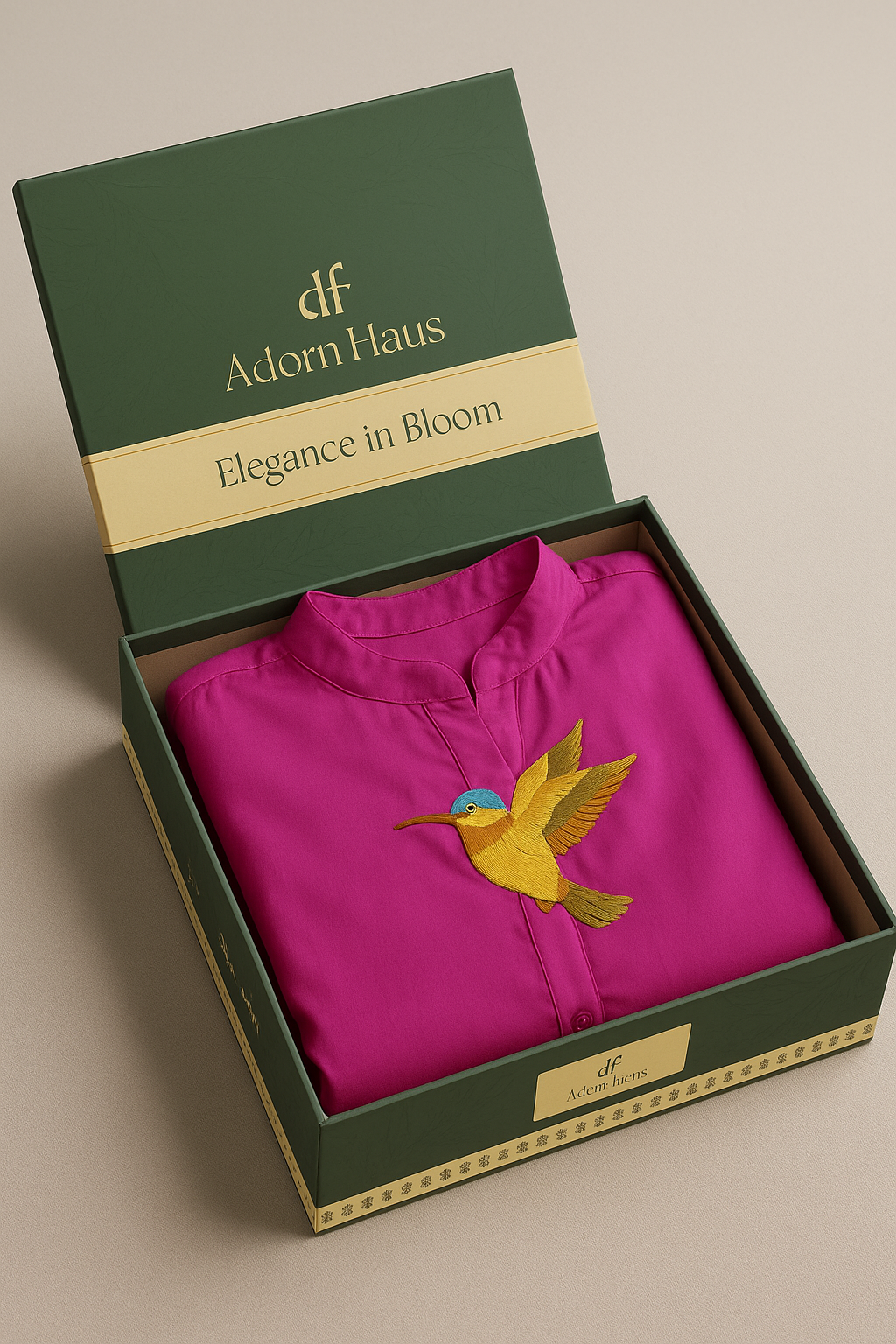 Pink garment with a hummingbird design in a green box labeled 'Adorn Haus'.