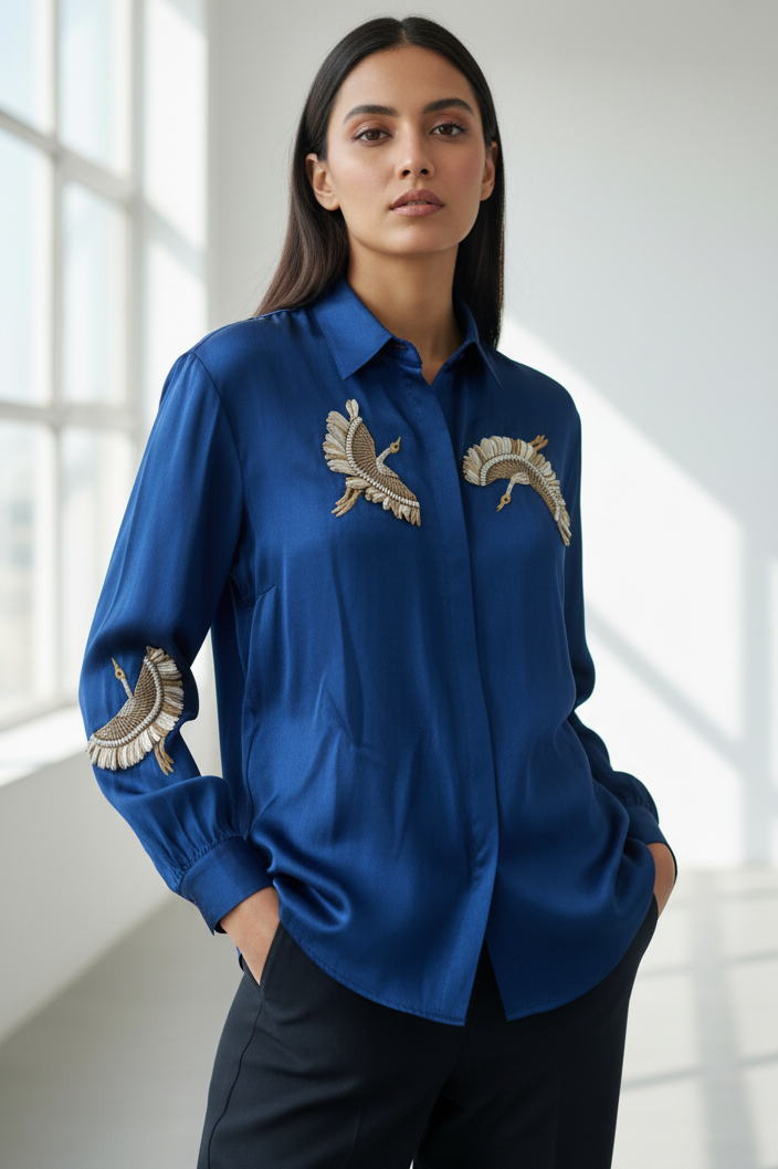 Royal Crane Embroidered Shirt
