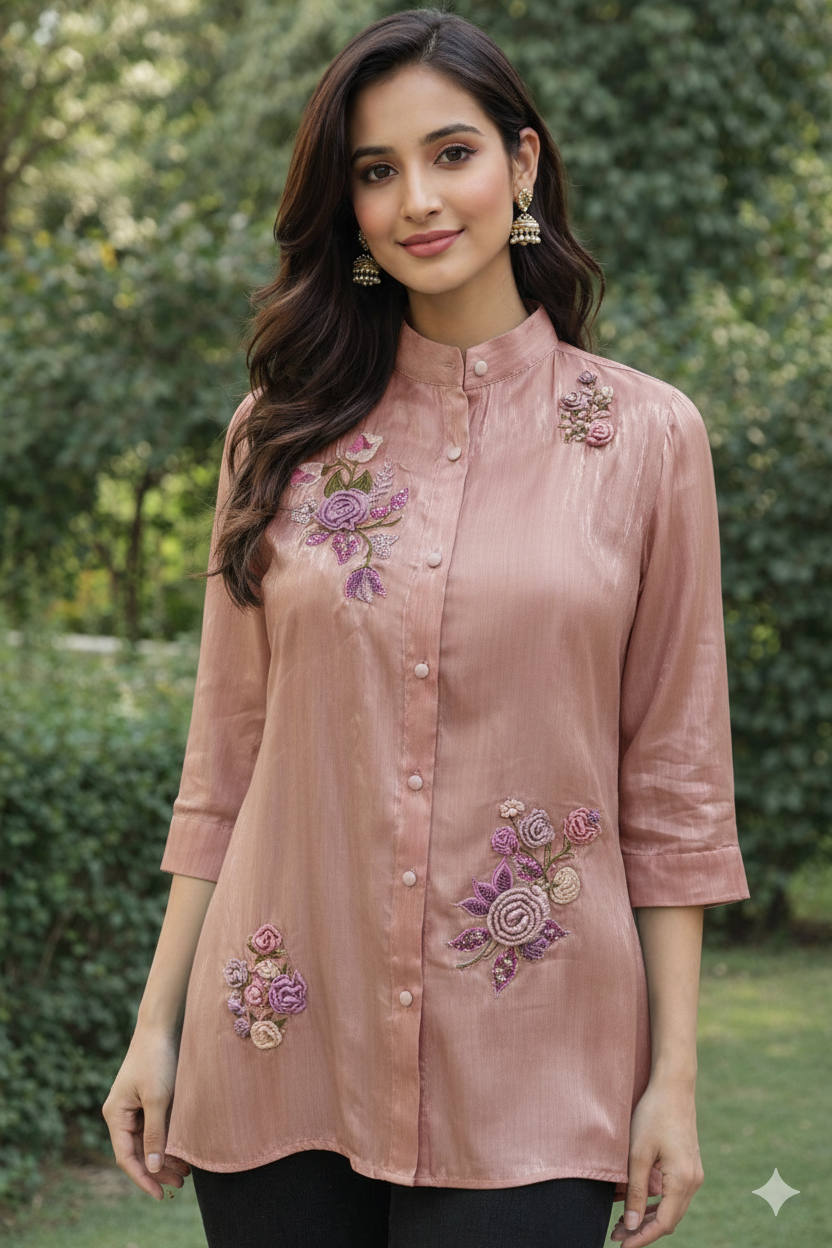 Woman wearing a pink embroidered Shirt outdoors with greenery in the background