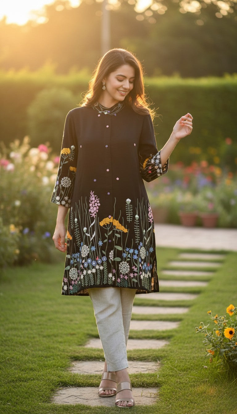 Floral Embroidered black shirt
