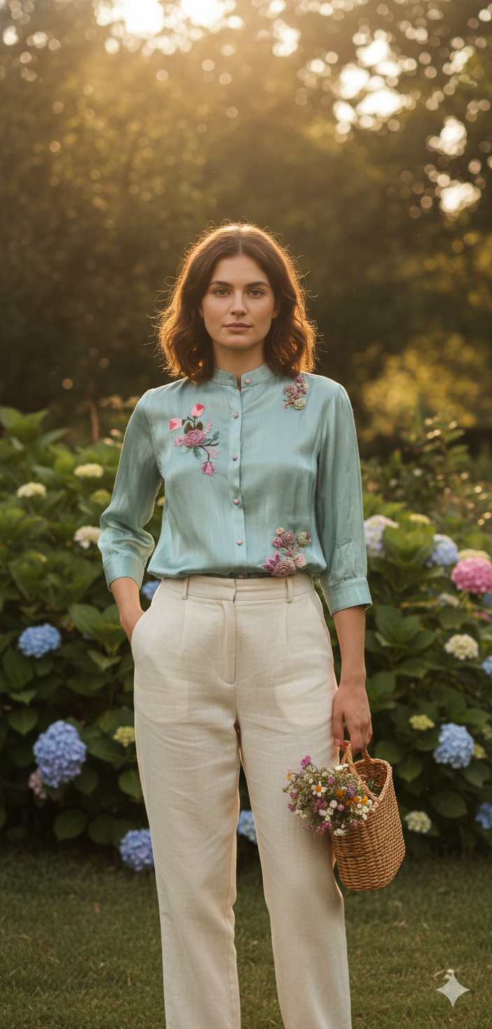 Woman standing outdoors with flowers and a basket, wearing a light blue floral Shirt.
