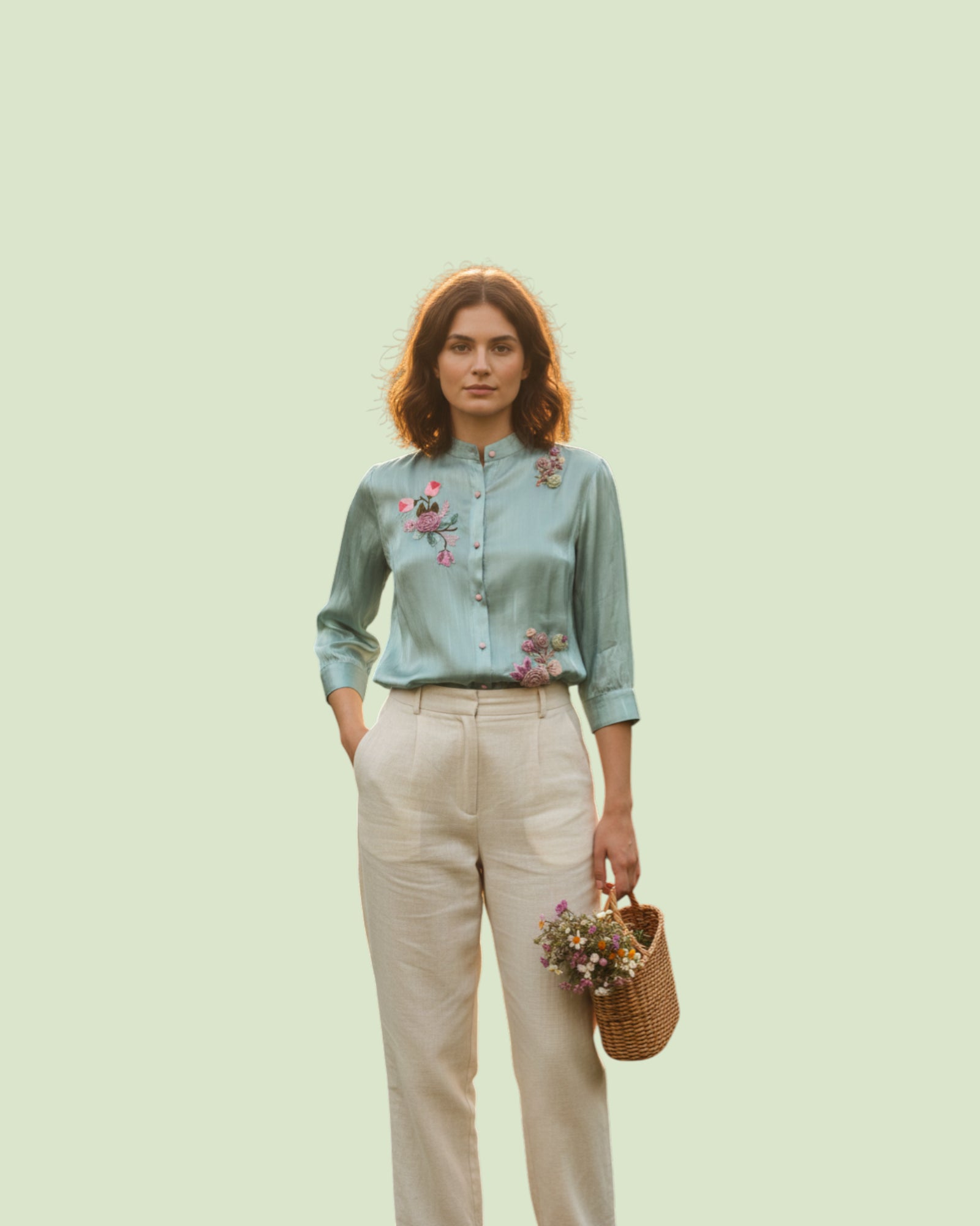 Woman wearing a light blue embroidered Shirt, holding a woven basket with flowers on a light green background.