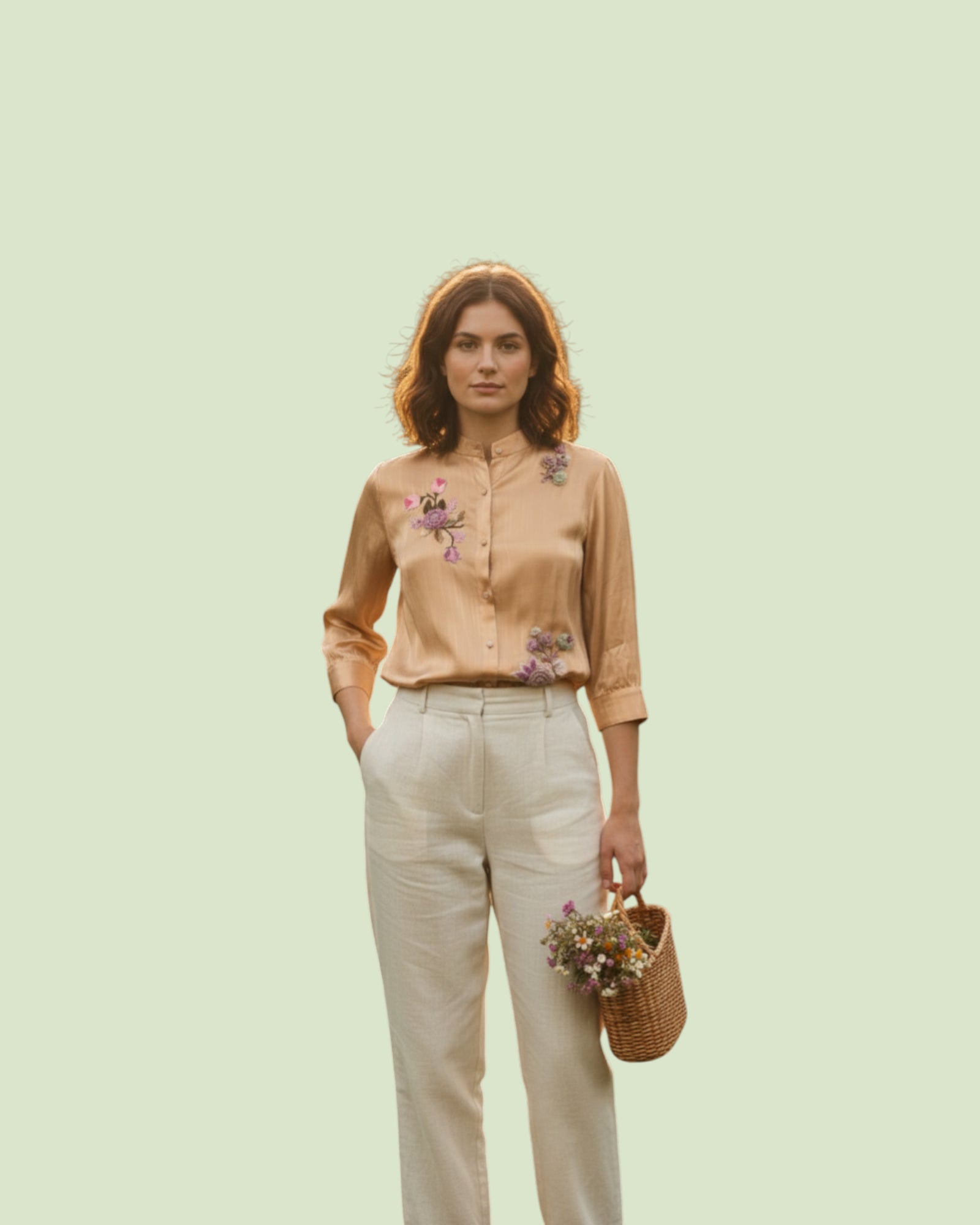 Woman wearing a beige Shirt with floral embroidery and light-colored pants, holding a basket with flowers on a light green background.
