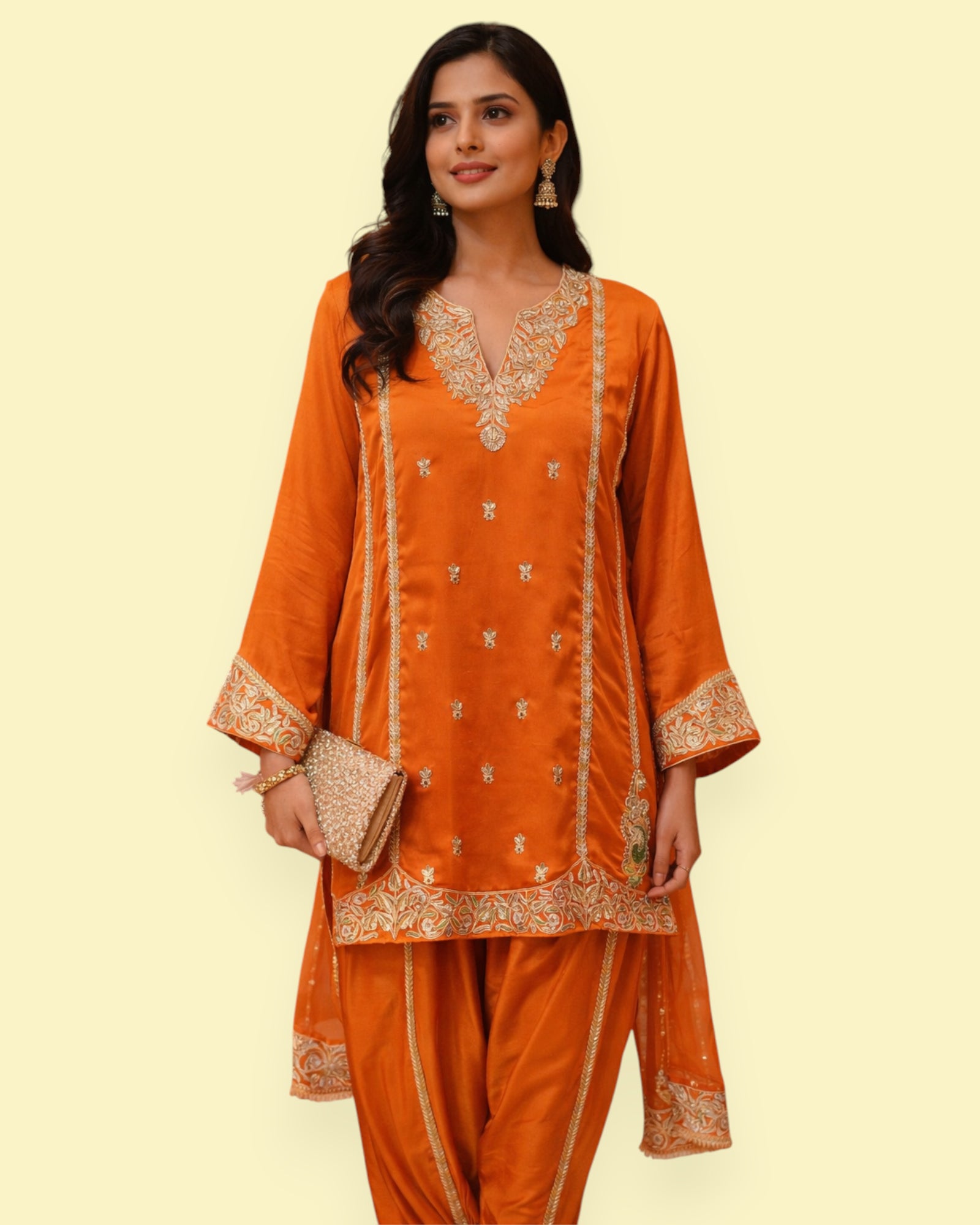 Woman wearing an orange traditional outfit with gold embroidery on a beige background