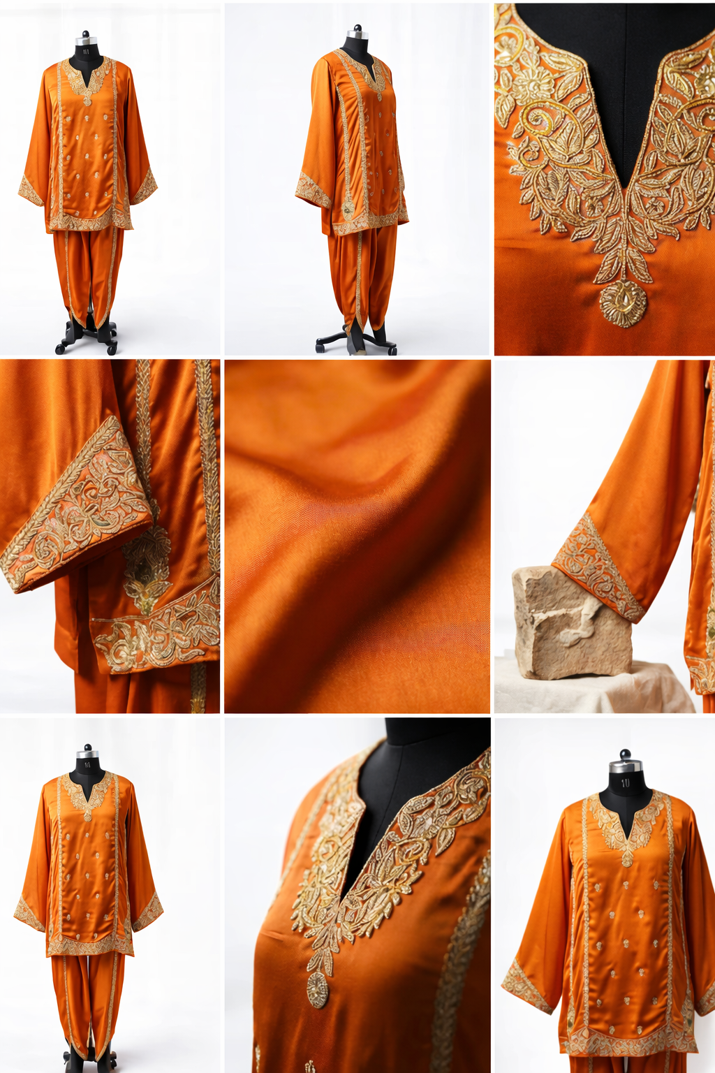 Orange traditional outfit with gold embroidery on a white background