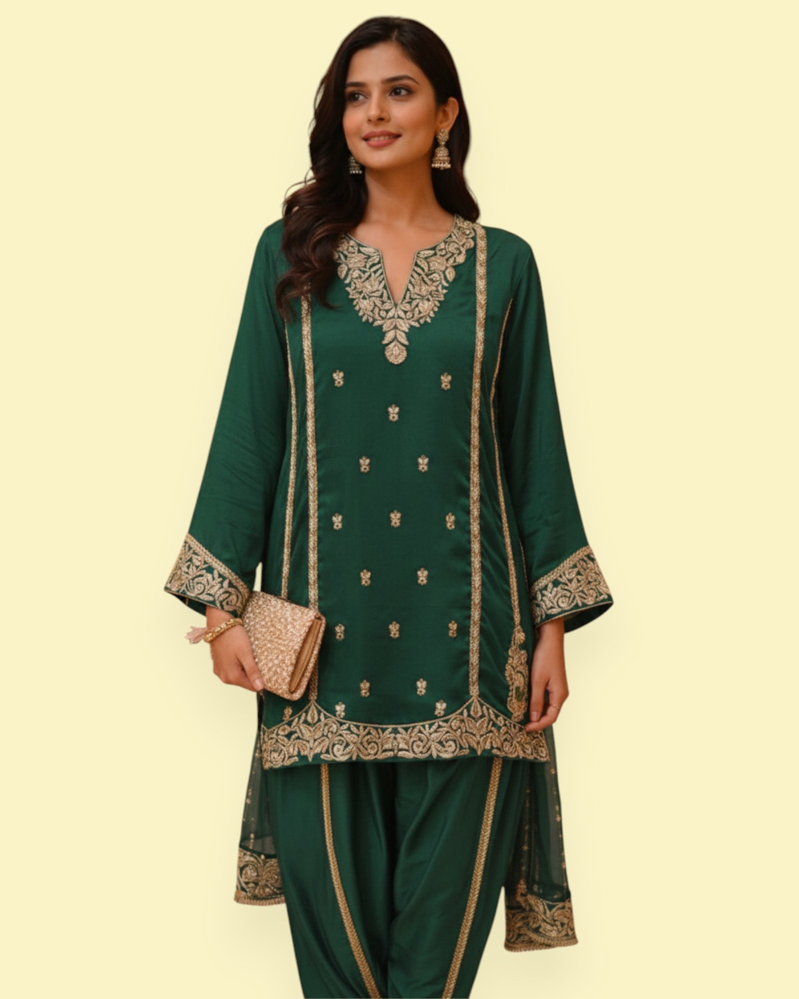 Woman wearing a green traditional outfit with gold embroidery on a beige background