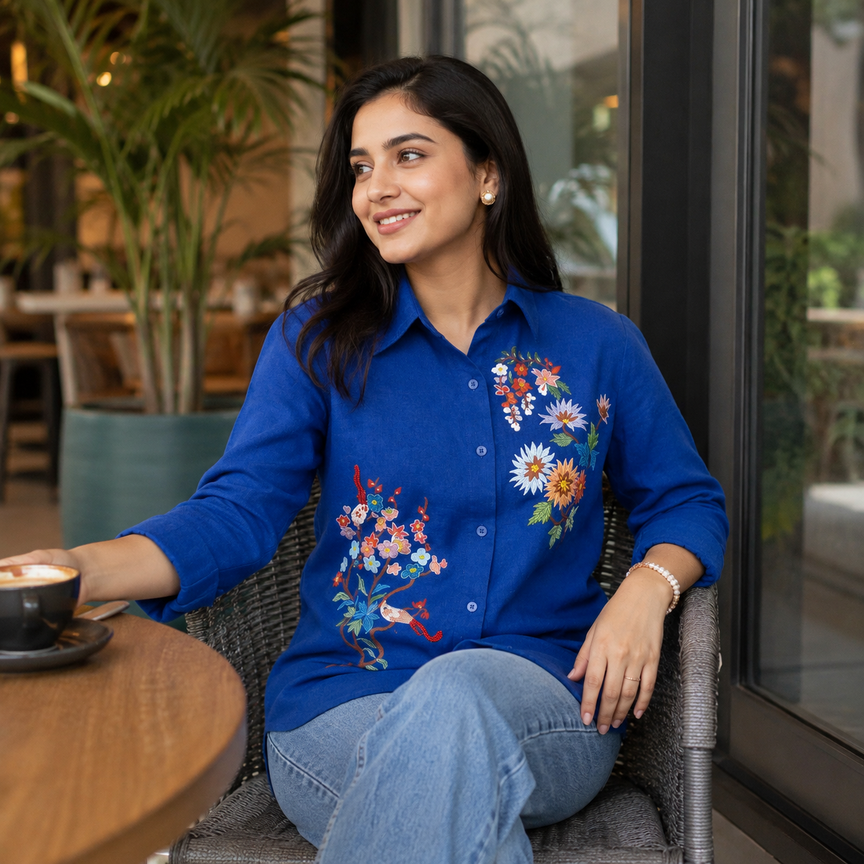 Floral painting & Bird Embroidered Shirt