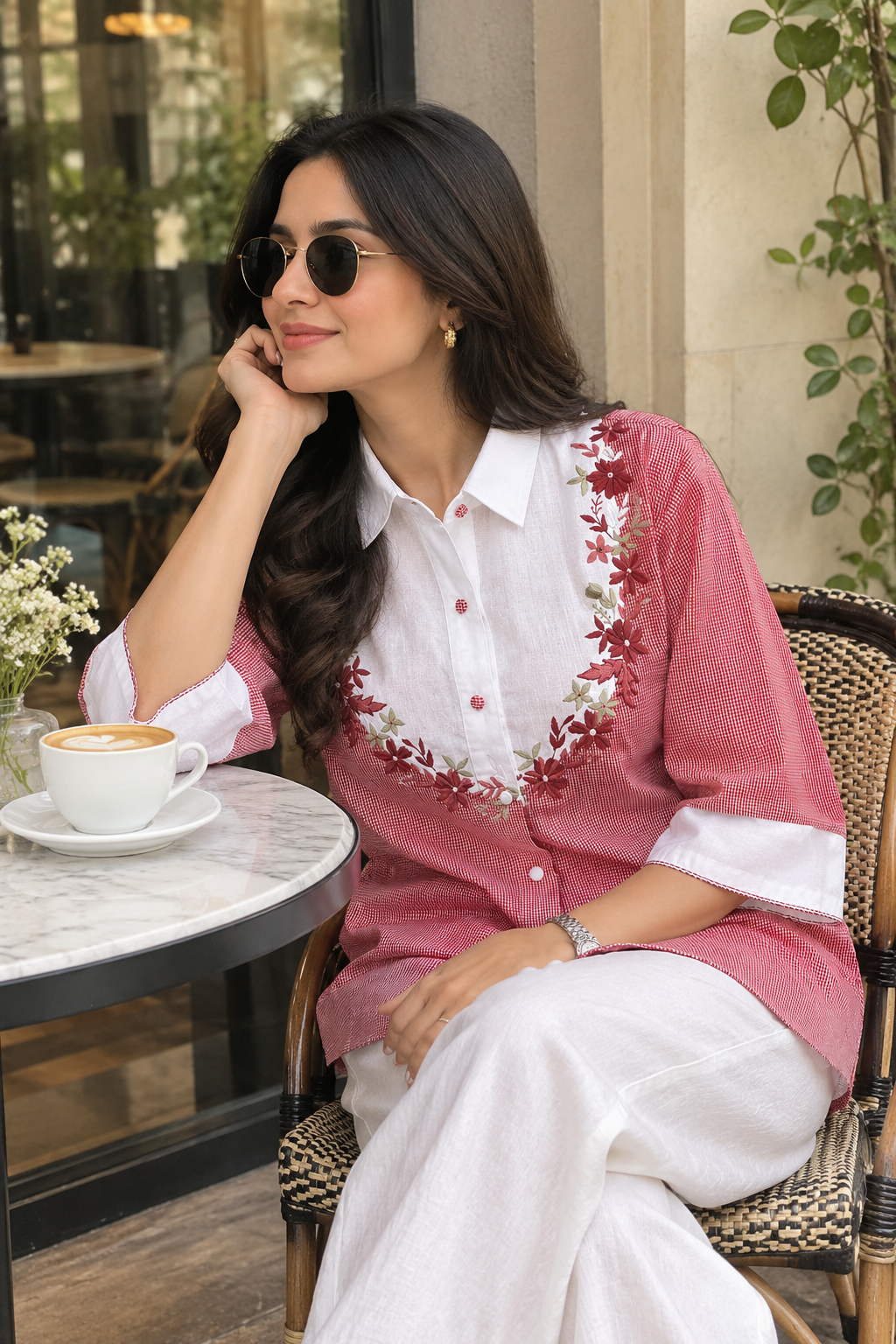 Red gingham checks and delicate floral embroidery