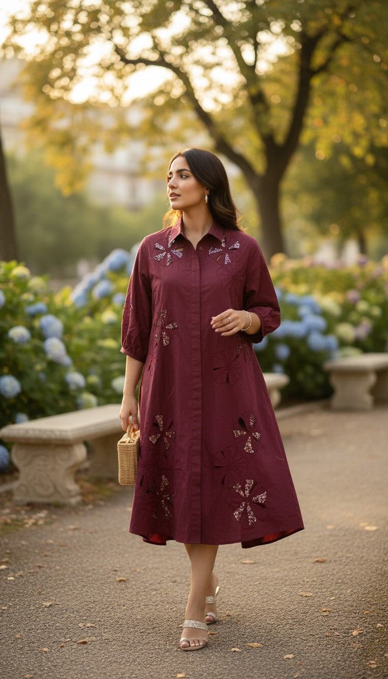 wine-floral-applique-shirt-dress