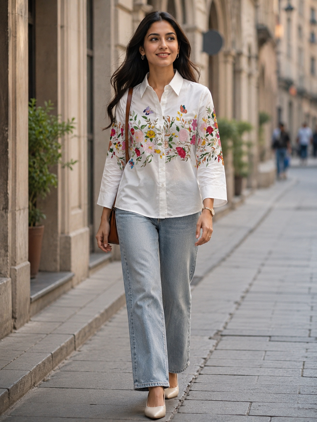 White Floral Handmade Print Women's Shirt