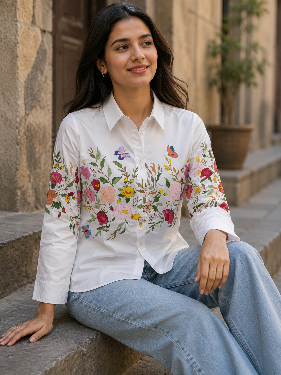 White Floral Handmade Print Women's Shirt