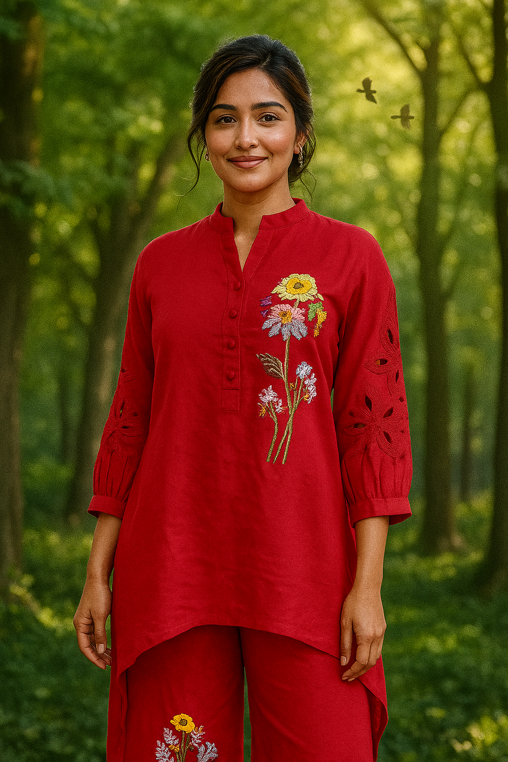 Crimson Floral Embroidered Co‑ord Set