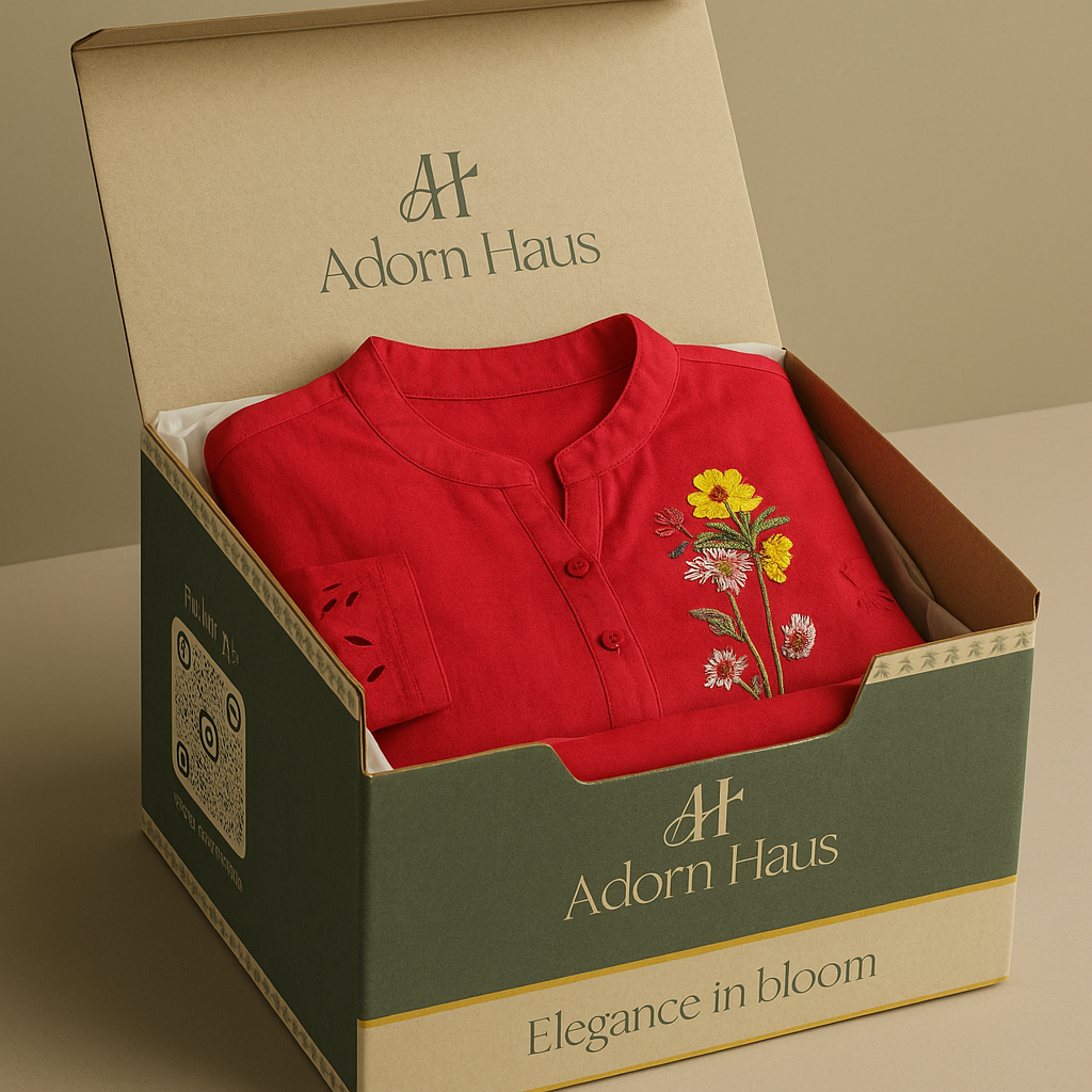 Red polo shirt with floral embroidery in a 'Adorn Haus' box.