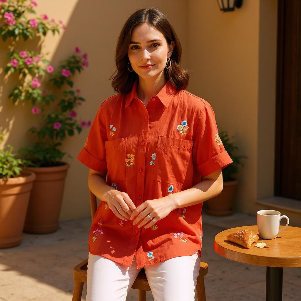 Rust Orange Embroidered Short‑Sleeve Shirt
