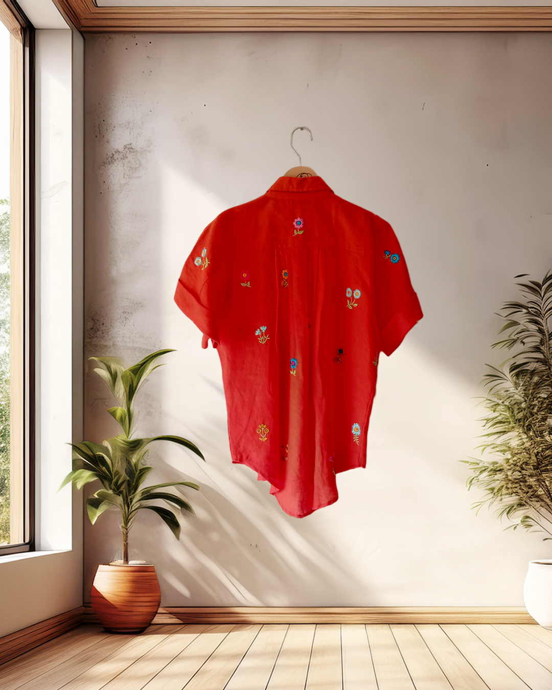 Rust Orange Embroidered Short‑Sleeve Shirt