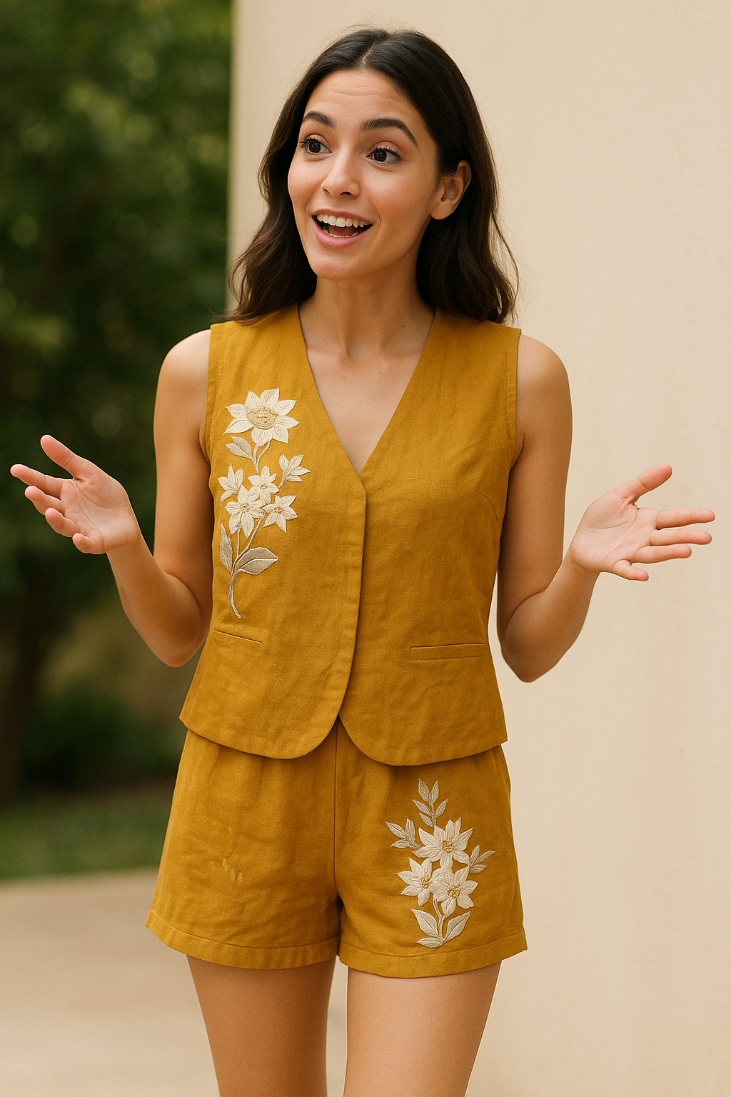 Mustard Linen Vest & Shorts Set