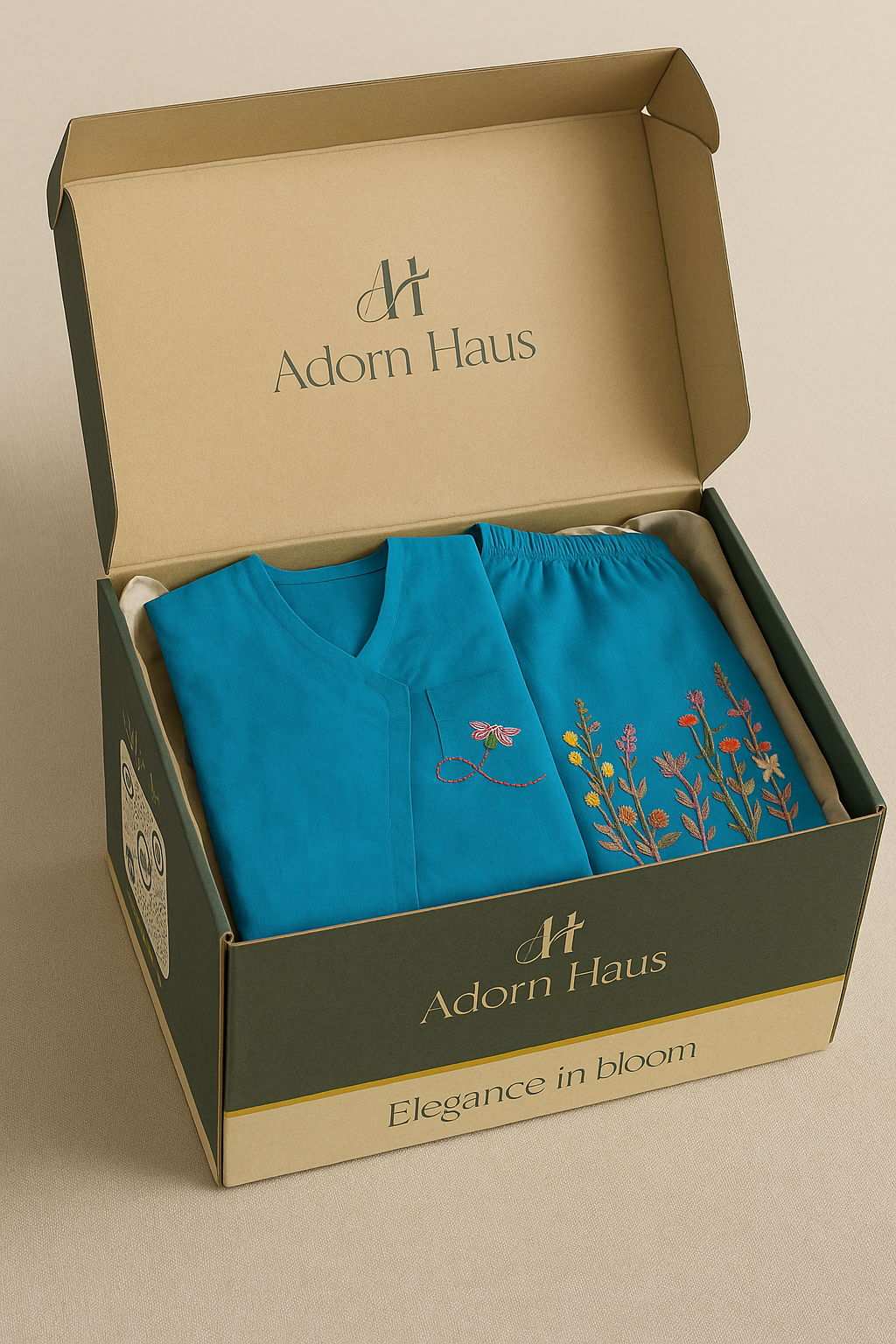 Open box of Adorn Haus with blue garment and floral design on a beige background