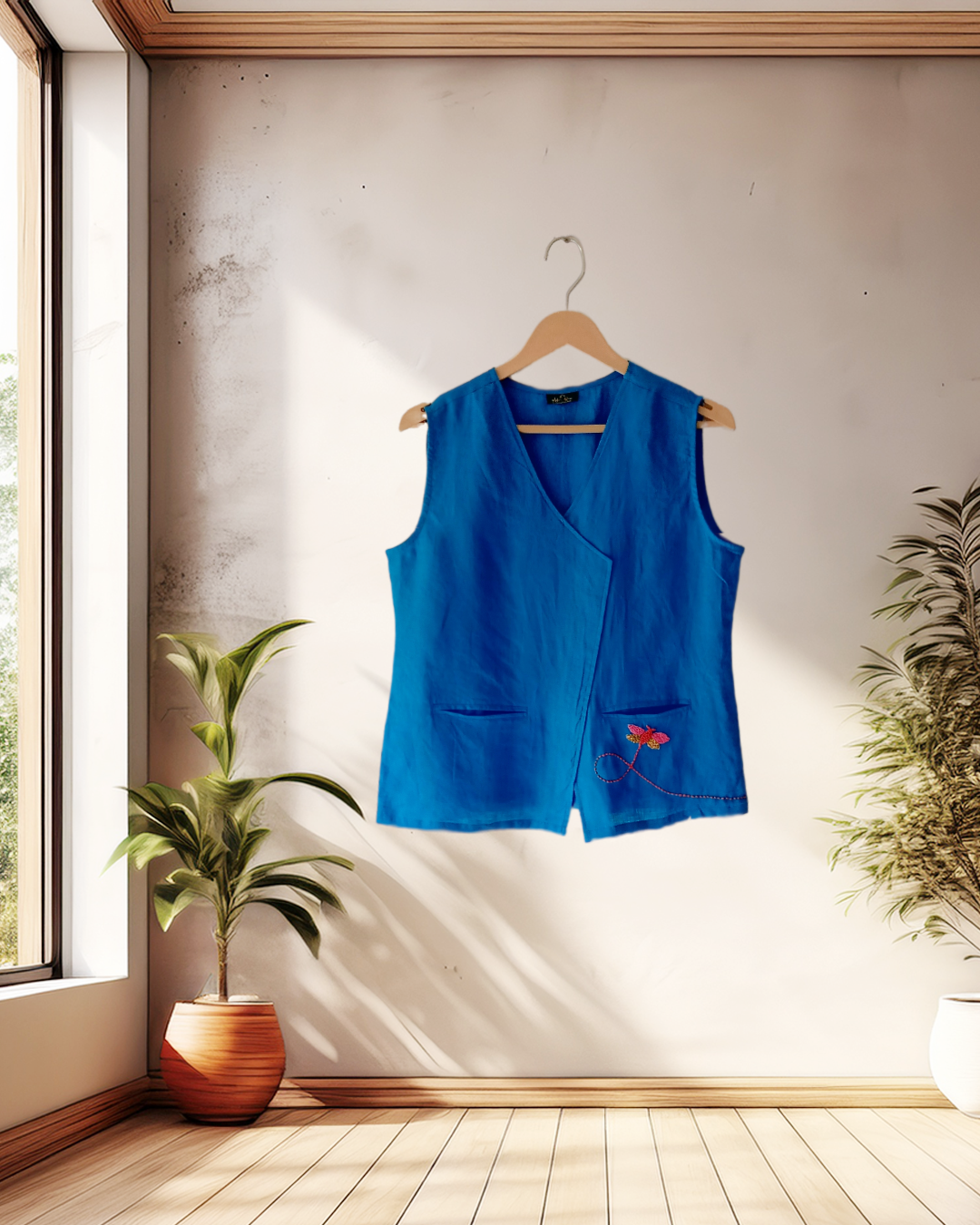 Blue vest hanging on a hanger against a white wall with plants on either side.
