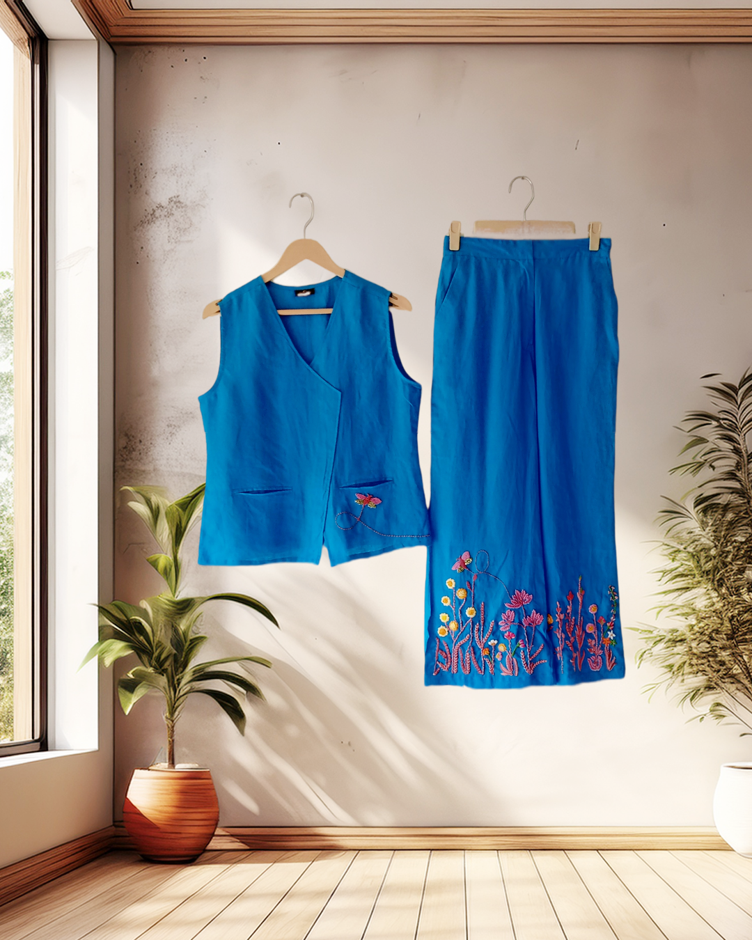Azure Blue Embroidered Vest & Pants Set