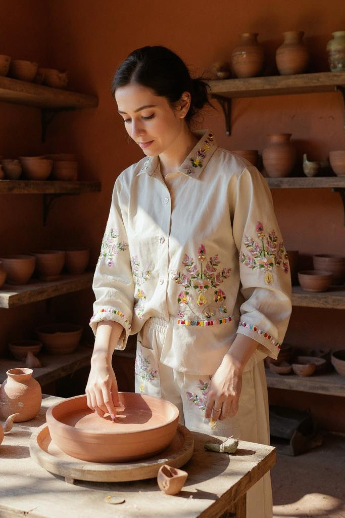 Beige Floral Embroidered Lounge Set