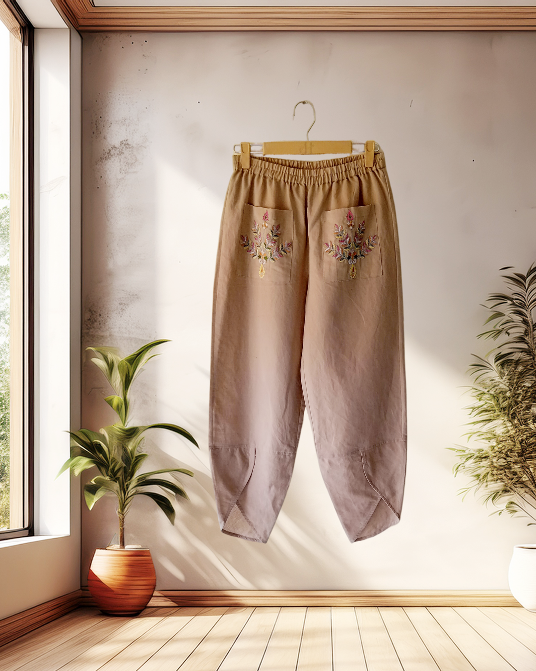 Beige Floral Embroidered Lounge Set