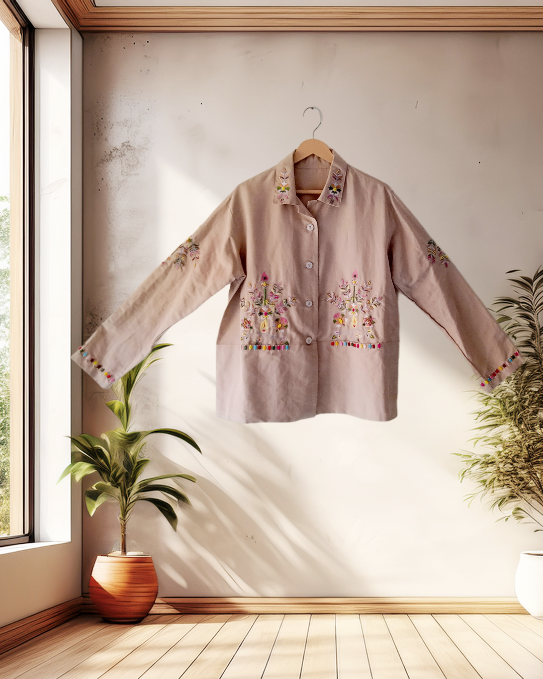 Beige Floral Embroidered Lounge Set