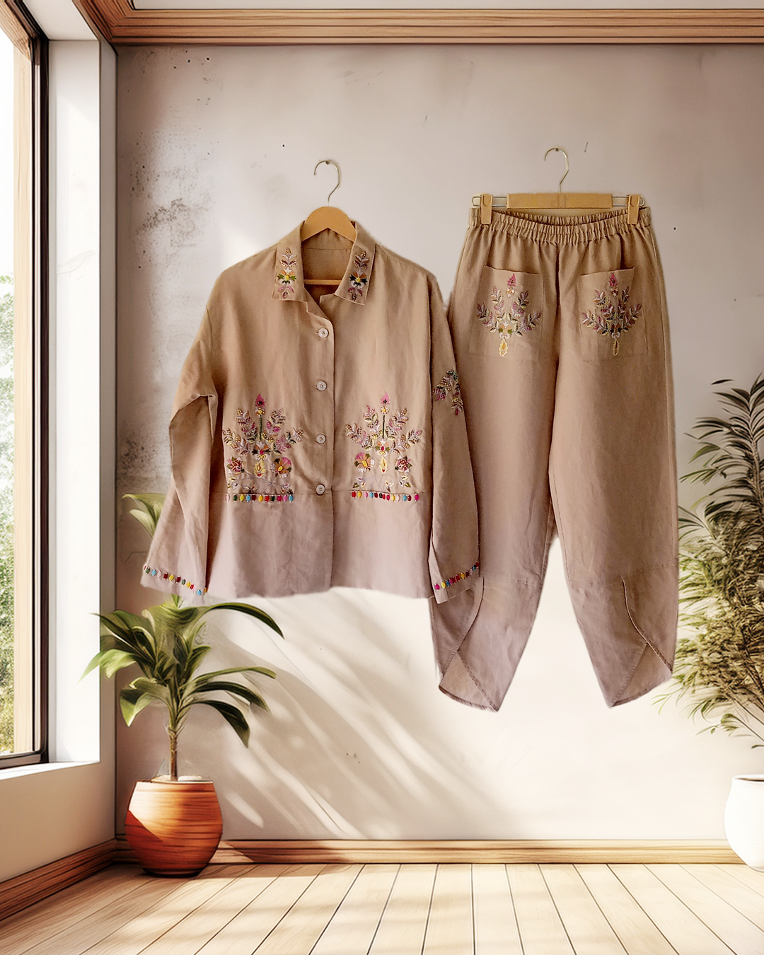 Beige Floral Embroidered Lounge Set
