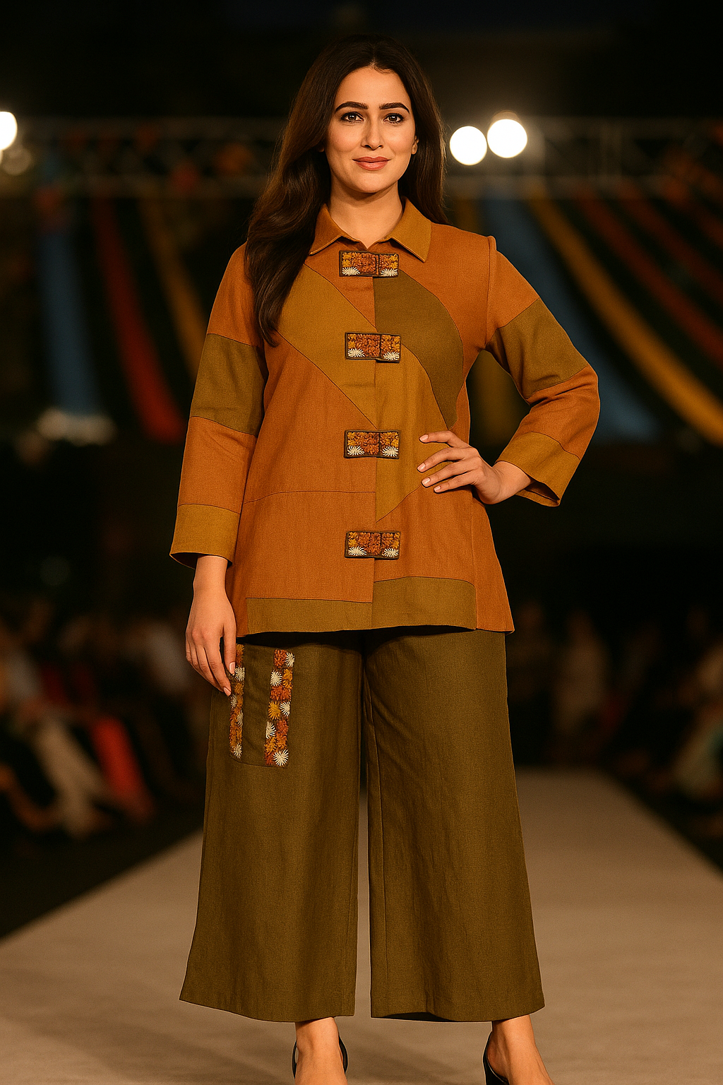 Patchwork Mustard‑Olive Jacket Set