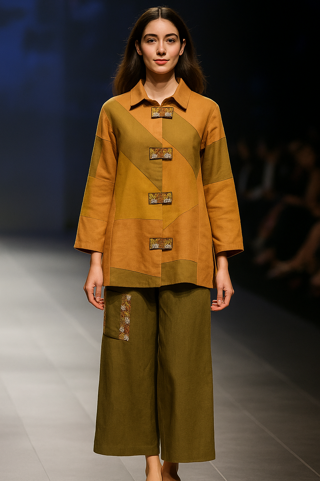 Patchwork Mustard‑Olive Jacket Set