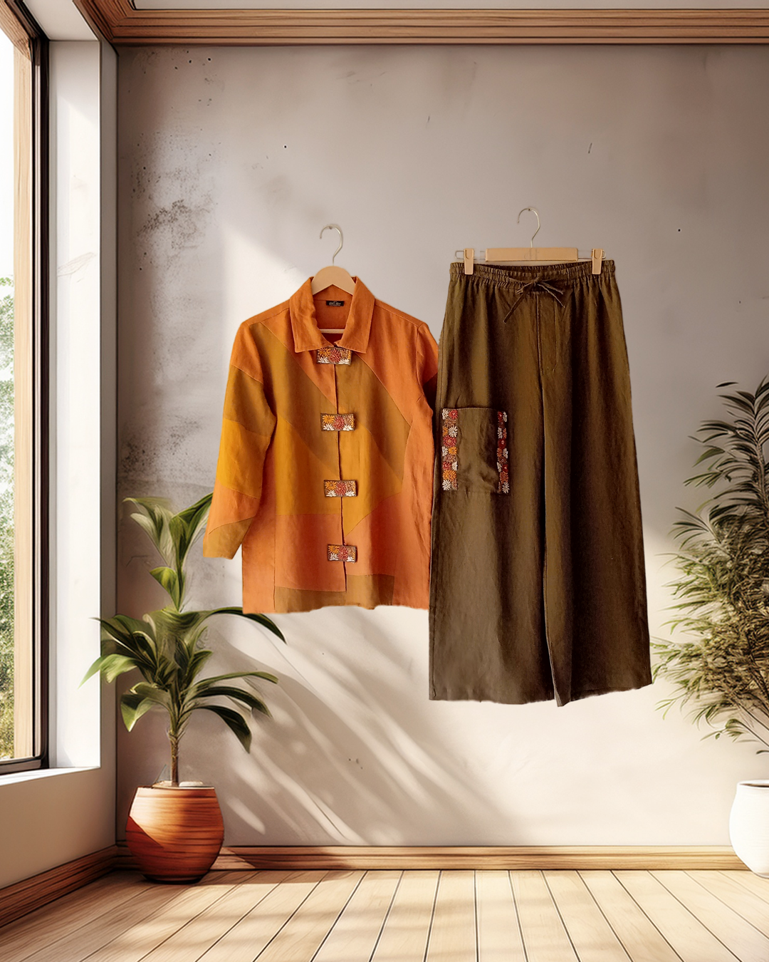 Patchwork Mustard‑Olive Jacket Set
