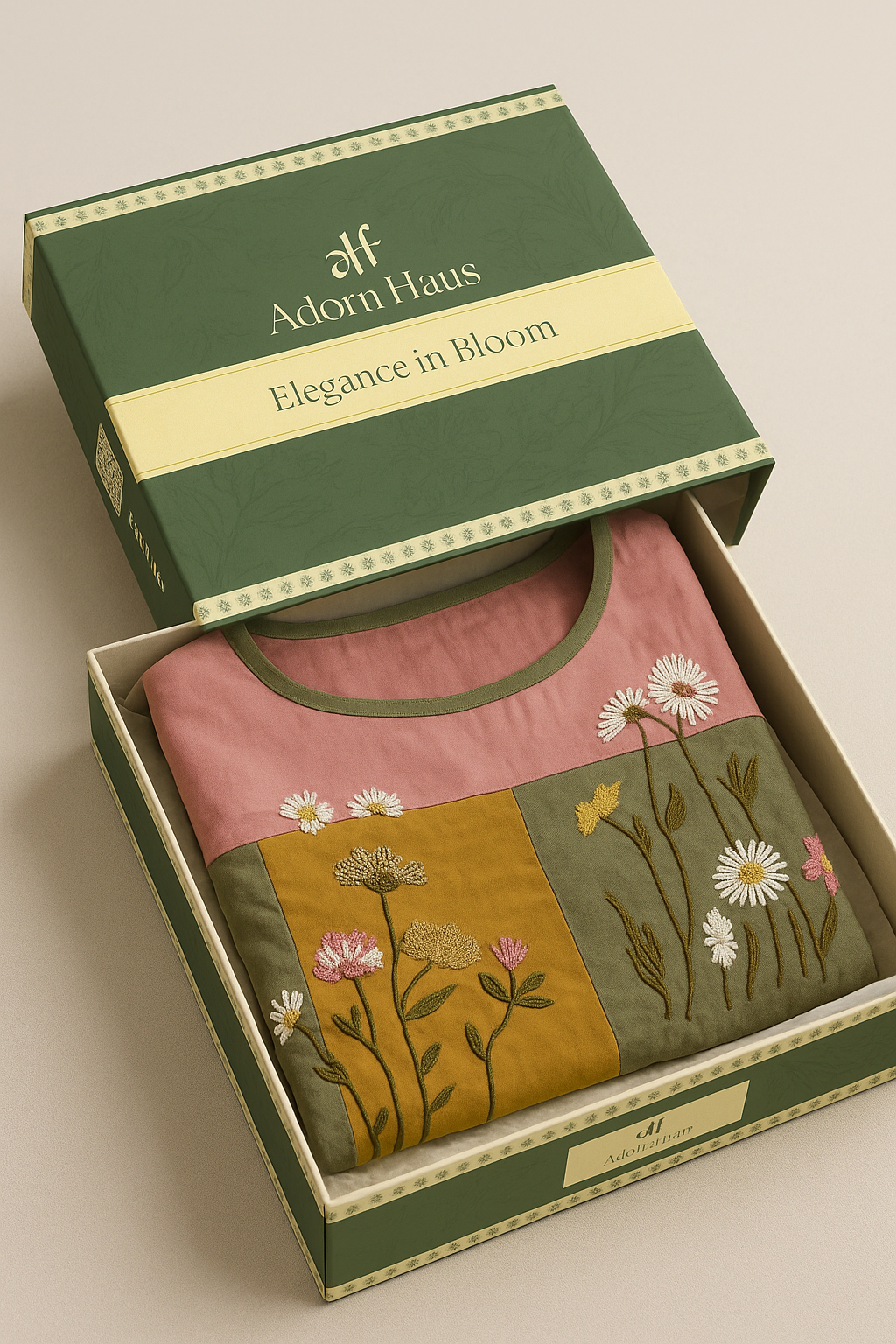 Embroidered fabric with floral patterns in a 'elf Adorn Haus' box