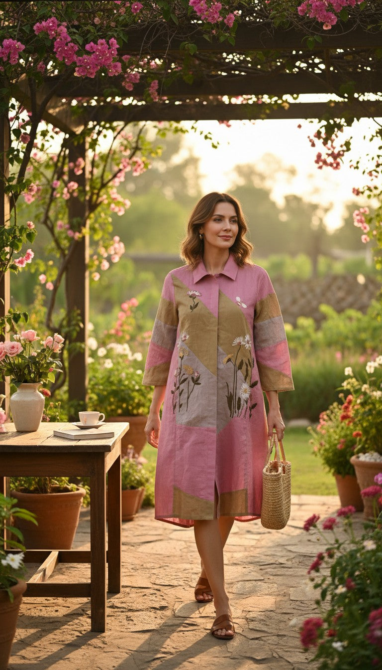 Pink color-block embroidered shirt dress