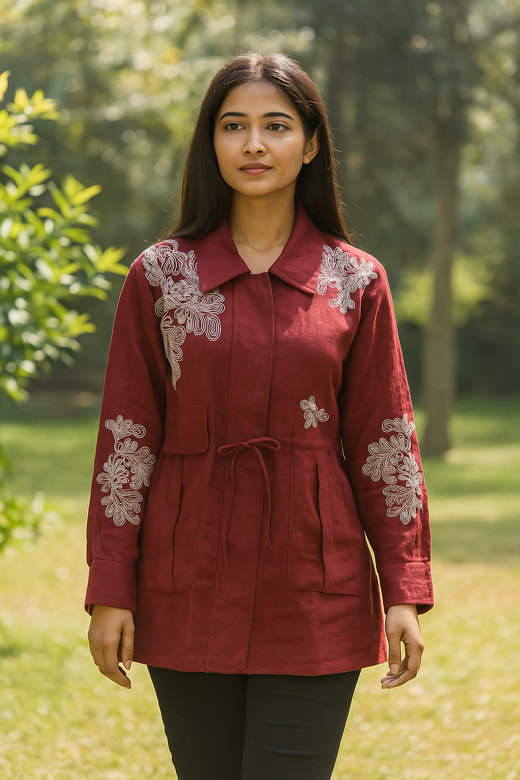 Maroon Floral Embroidered Linen Jacket