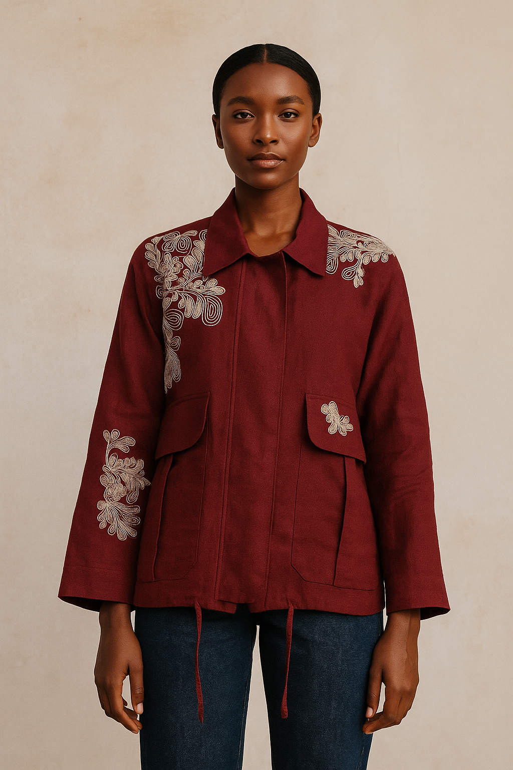 Maroon Floral Embroidered Linen Jacket