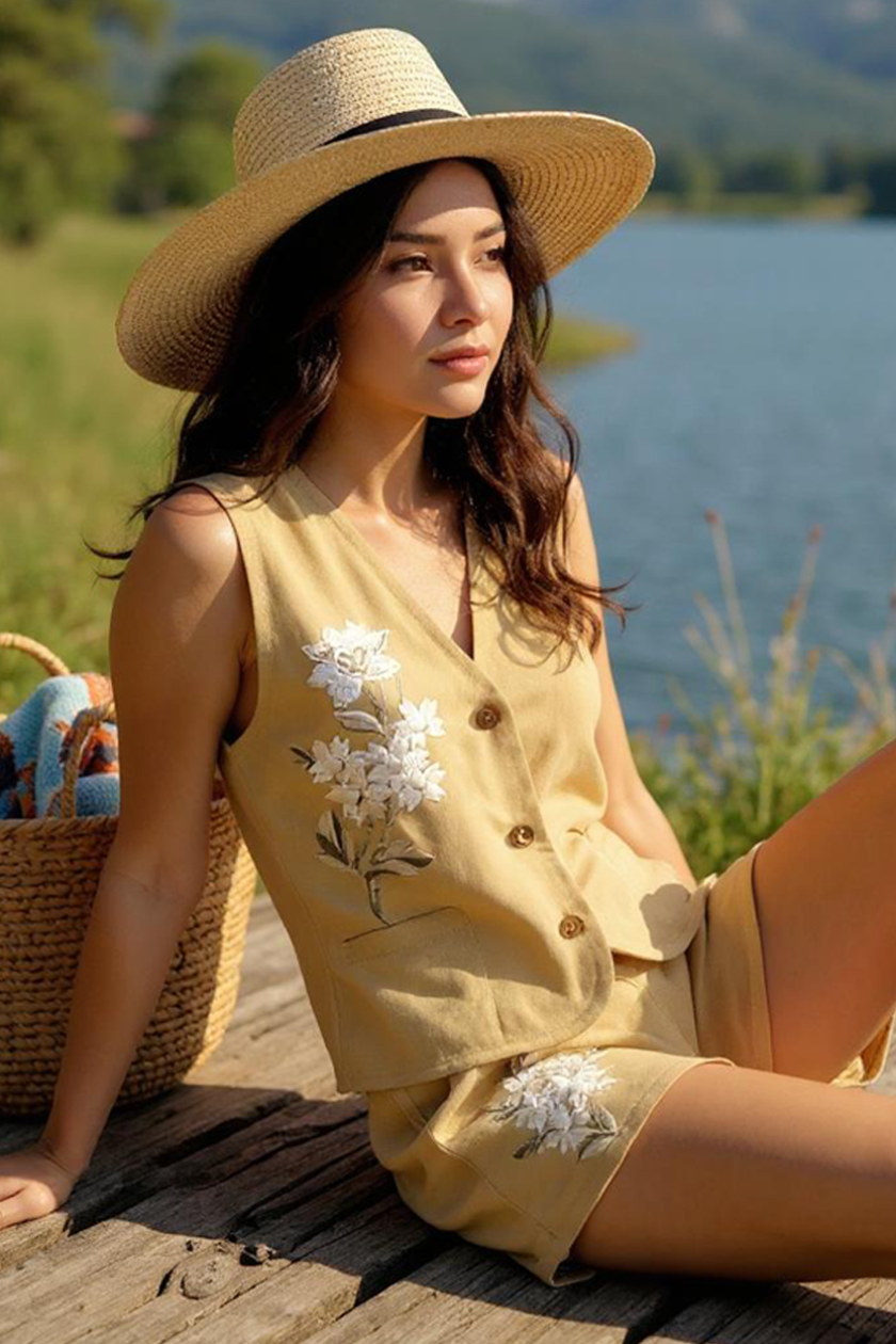 Mustard Linen Vest & Shorts Set