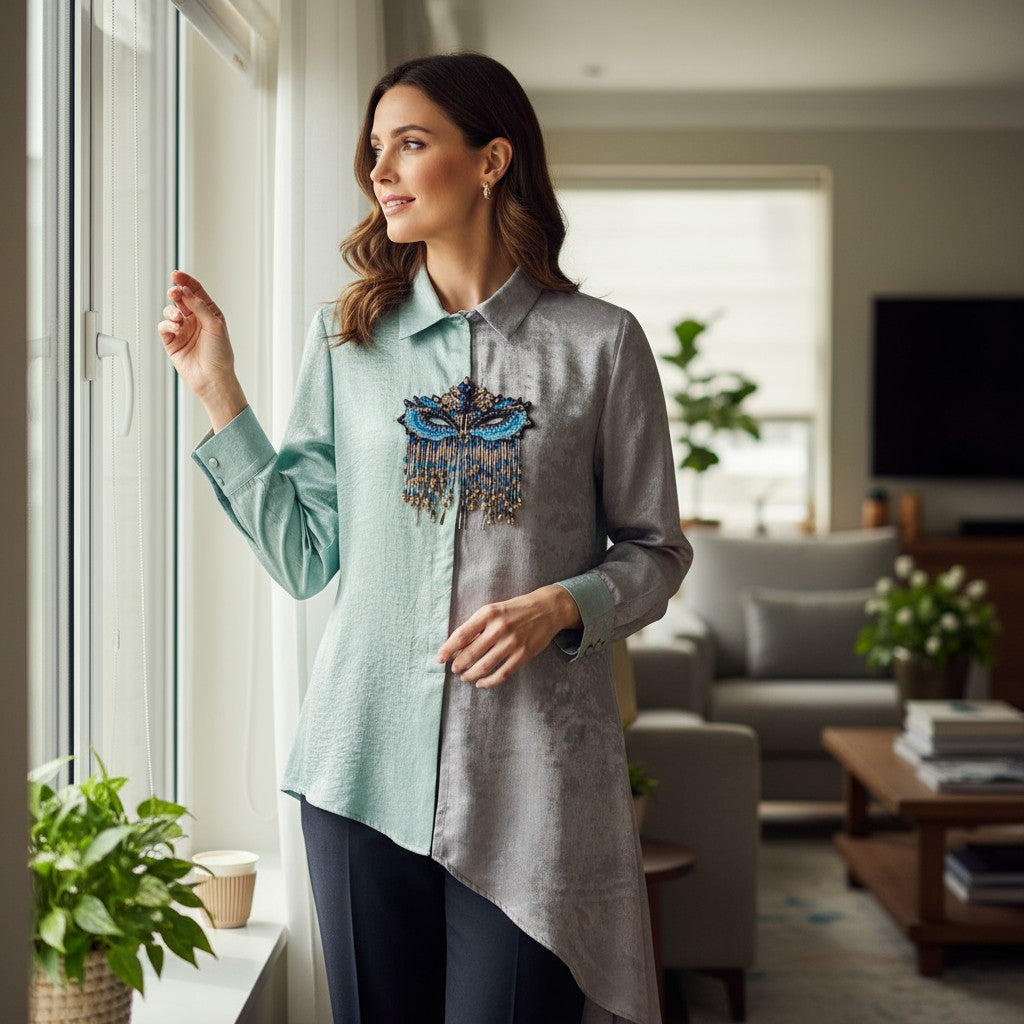 Blue Masquerade Mask Beaded Shirt