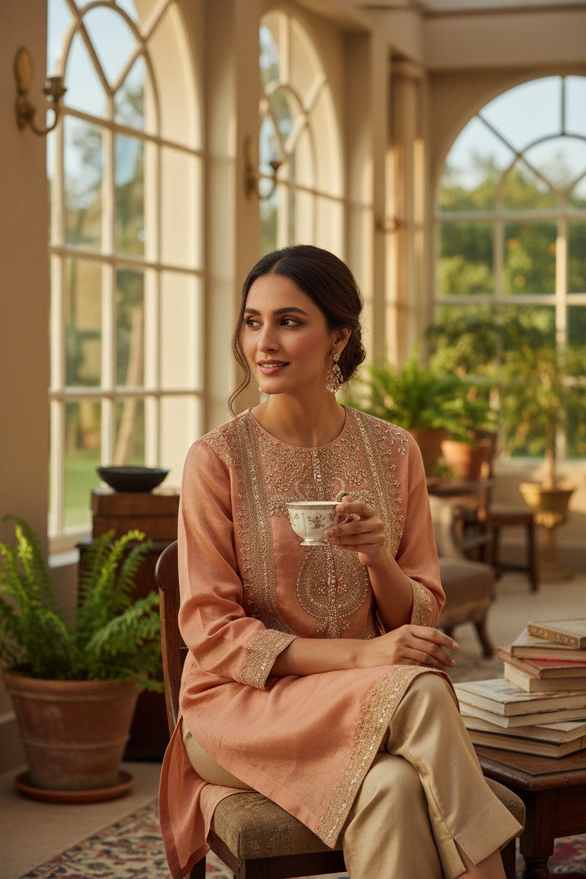 Terracotta Glow Silk-Blend Embroidered Kurta