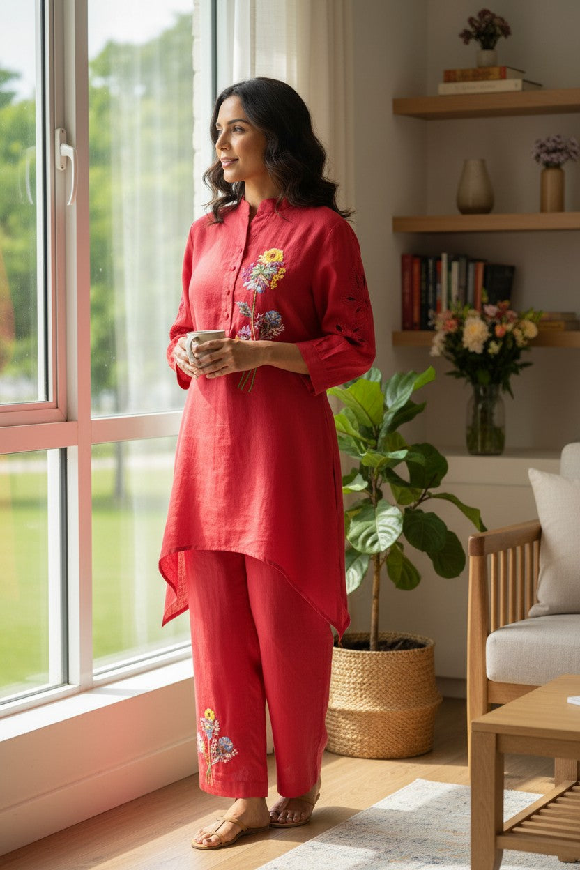 Crimson Floral Embroidered Co‑ord Set