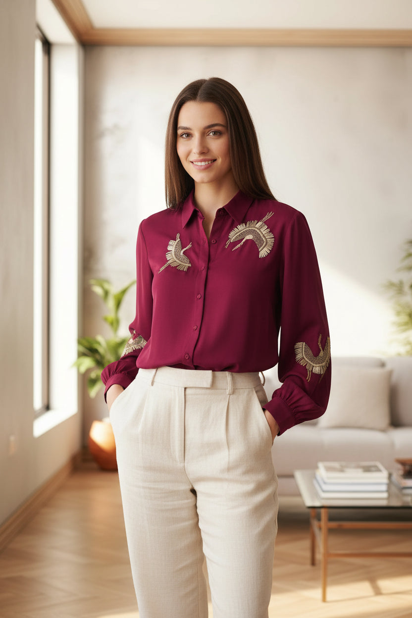 Royal Crane Embroidered Shirt