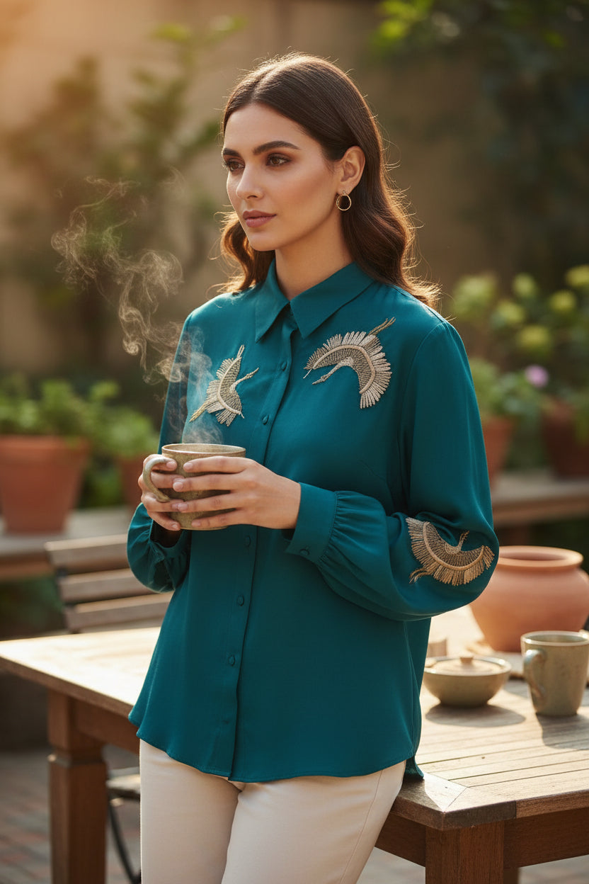 Royal Crane Embroidered Shirt