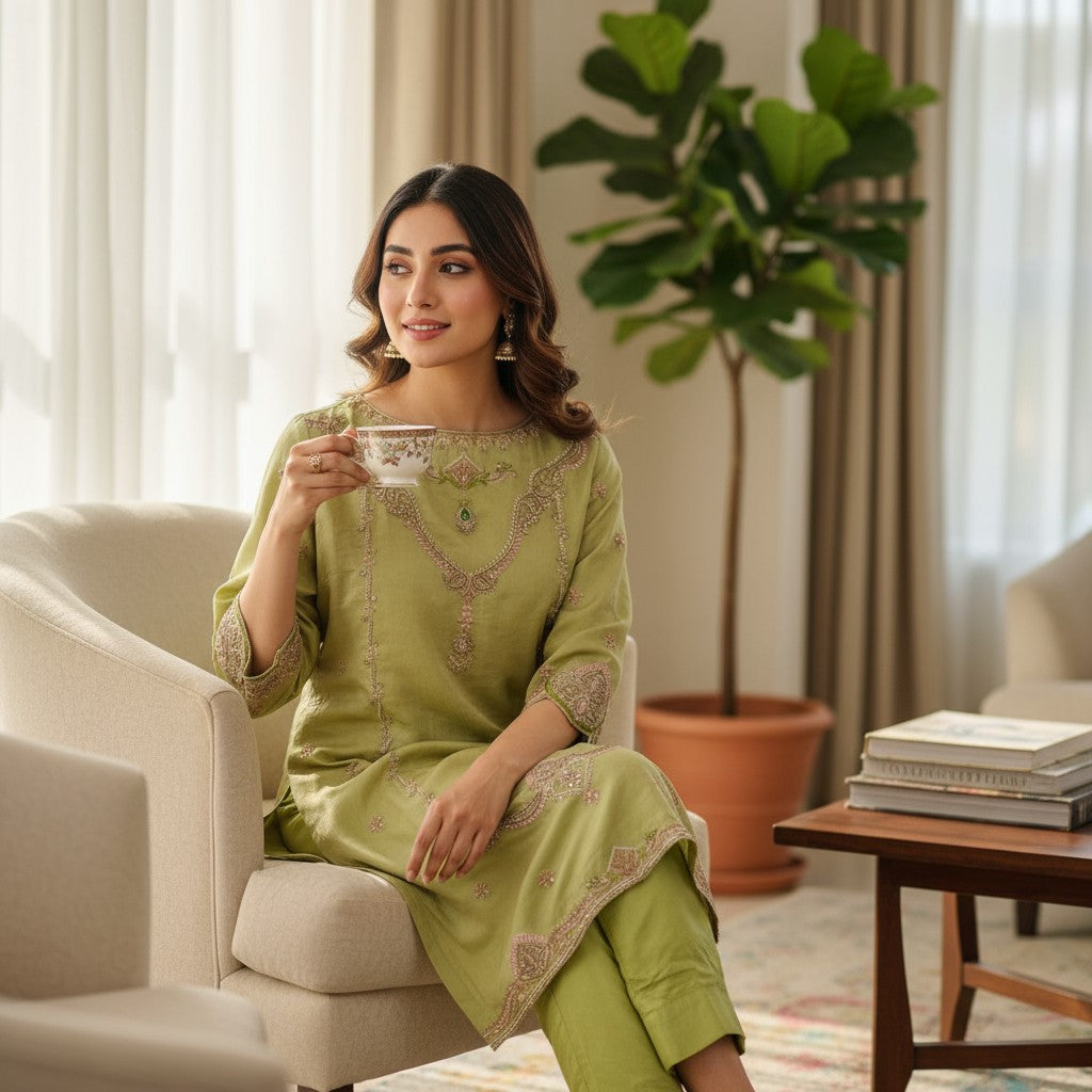 Sage Bloom Embroidered Kurta Set