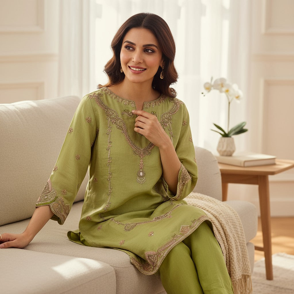 Sage Bloom Embroidered Kurta Set