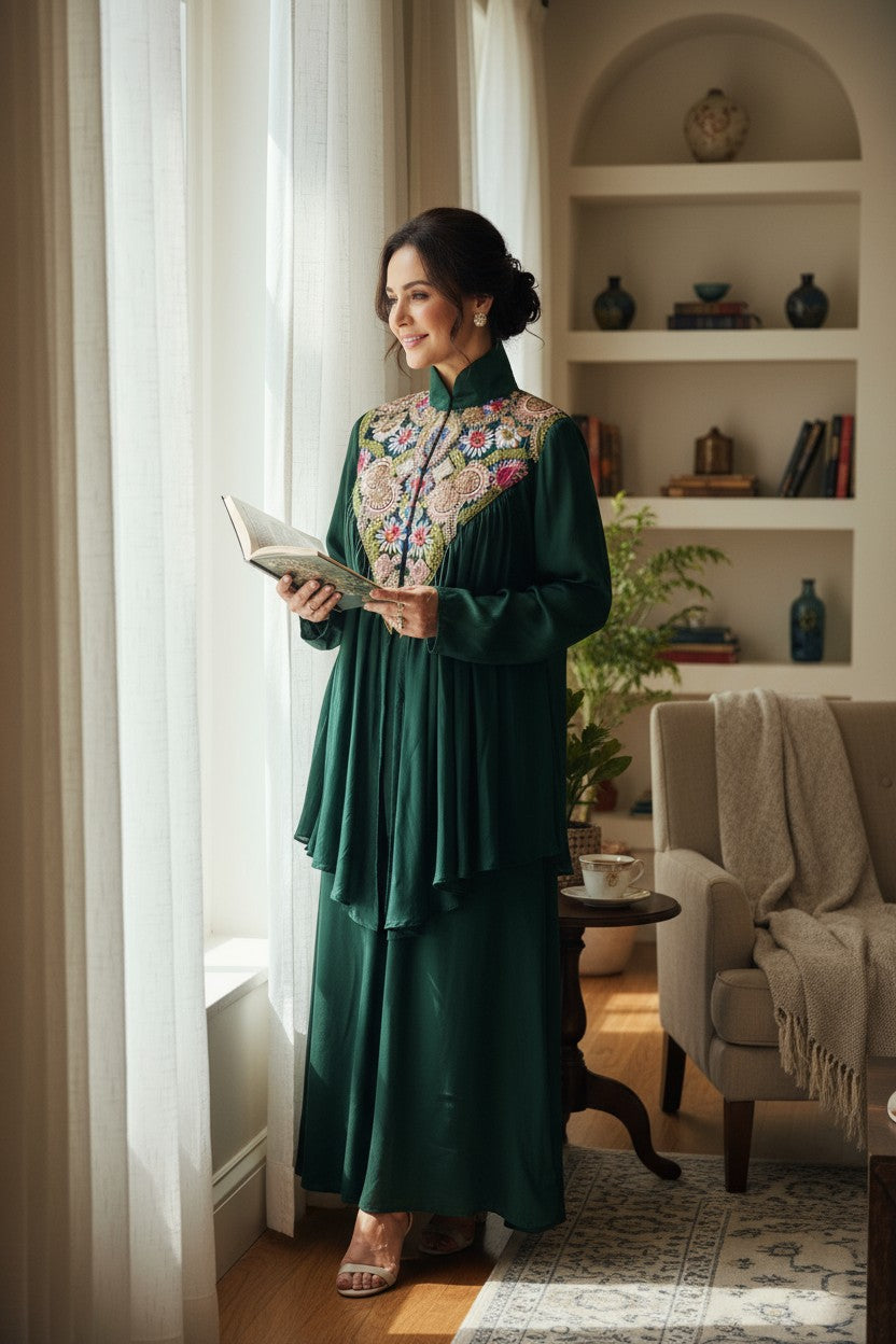 Emerald Heritage Embroidered Cape Set