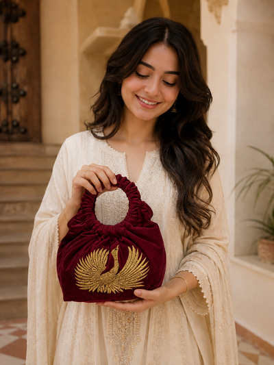 Golden Peacock Embroidered Potli
